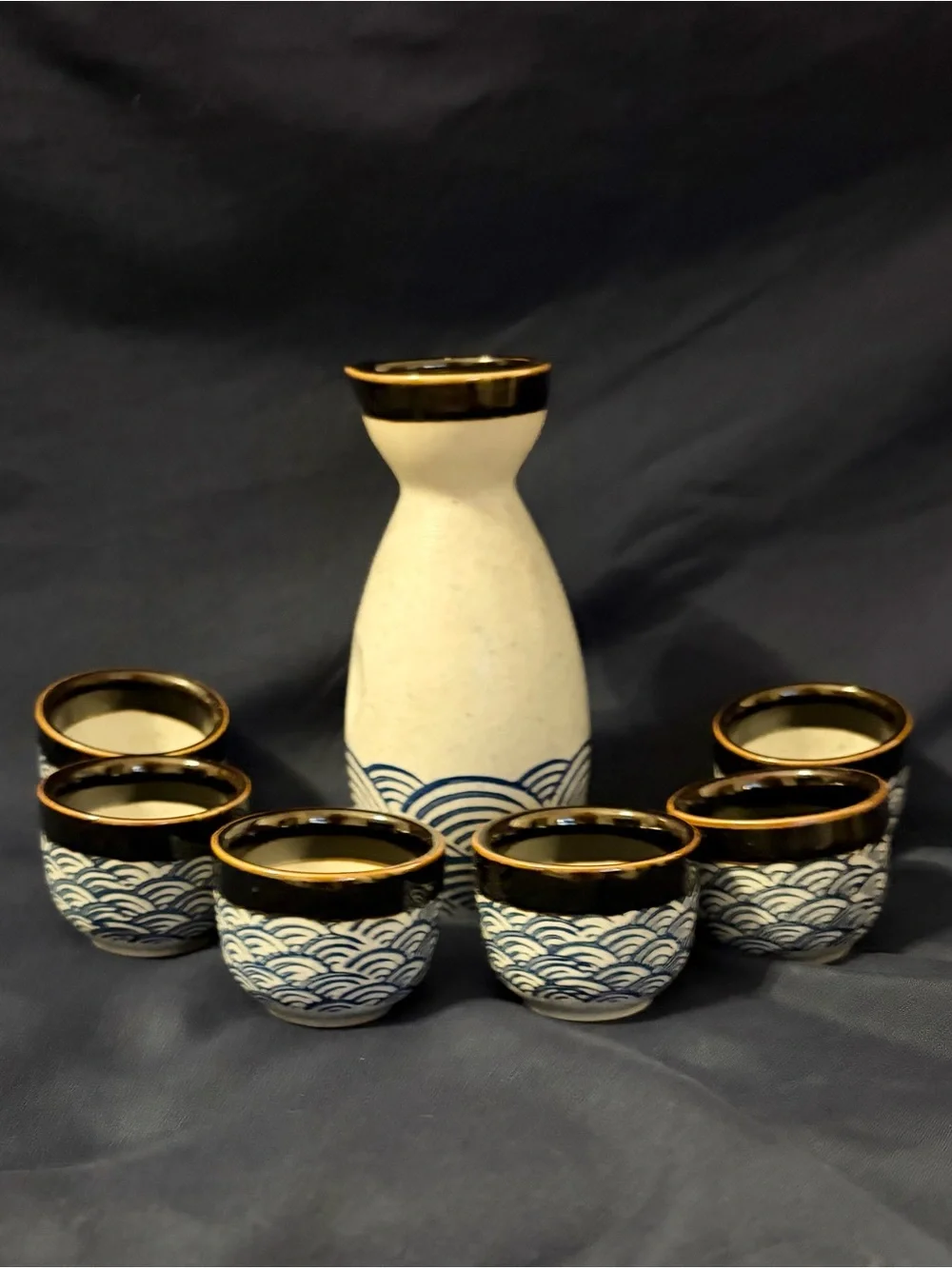 Japanese Style 7 pc Ceramic Sake Set w/Cobalt Blue Waves and Dark Trim NWOT